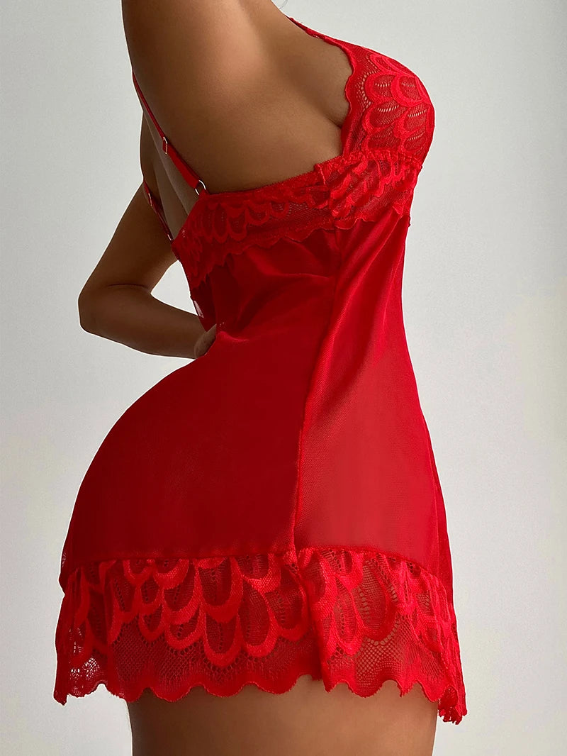 Ellolace Sexy Sleepwear Deep-V Night Dress Women Sleeping Nightgown Red Lace Nightie Lingerie Sleeveless Mini Dress Homewear