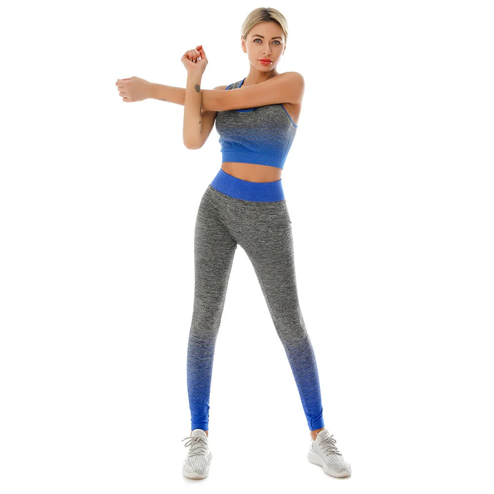 Women 2pcs Seamless Yoga Set Sport Suit Gymwear Workout Clothes Sleeveless Gym Top High Waist Leggings Fitness Sports Wear