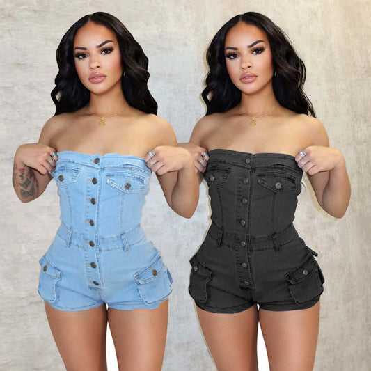 Sexy Denim Summer Jumpsuits Streetwear 2024 Women Bodysuit Playsuit Elegant Bodycon One Piece Pocket Cargo Romper  Jumpsuit