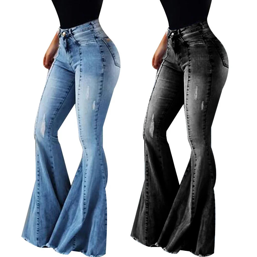 Women Jeans Slim Fit Denim Pants Bell Bottom High Waist Bootleg Jeans Stretch Female Flare Trouser Fashion Wide Leg Ripped Jeans