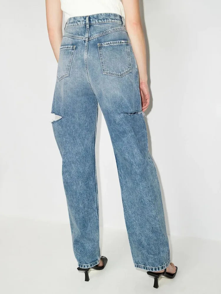 DEAT Fashion Dames Losse Hoge Taille Wijde Pijpen Denim Broek Uitgeholde Blauwe Lange Rechte Jeans Zomer 2024 Nieuwe Mode L2901H