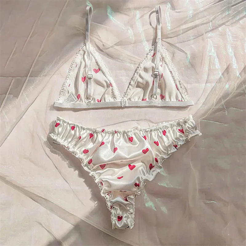 Soft  Satin Lingerie Set Sexy Women Underwear White Love Print Bra Set Female Ruffles Sexy Lingerie  Comfortable Ladies Bra Set