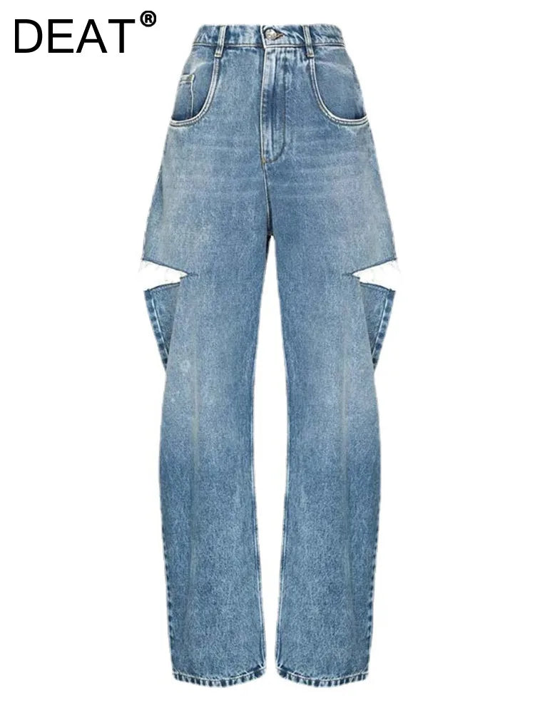 DEAT Fashion Dames Losse Hoge Taille Wijde Pijpen Denim Broek Uitgeholde Blauwe Lange Rechte Jeans Zomer 2024 Nieuwe Mode L2901H