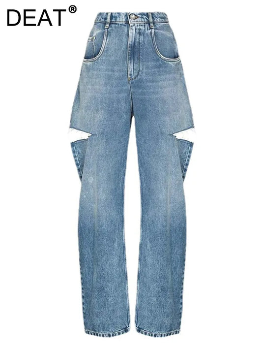 DEAT Fashion Women's Loose High Waist Wide Leg Denim Pants Hollow Out Blue Long Straight Jeans Summer 2024 New Fashion L2901H