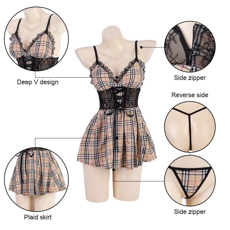 Sex Uniform Cosplay Sexy Lace Lingerie Strap Plaid Skirt Set Student Uniform Temptation Role Play For Women Exotic Costumes Gift