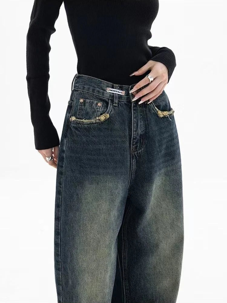 Wide Leg Jeans Women Elegant Casual Korean Fashion Style High Waist Daily Retro Washed Vintage Streeetwear Chic All-match Basic