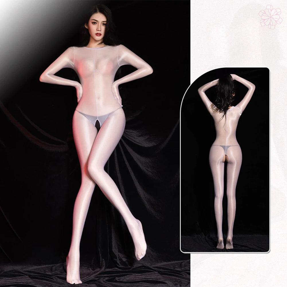 Women See Through Jumpsuit Lingerie Ultra Thin Oil Shiny Crotchless Long Sleeve Pantyhose Sheer Bodysuit Body Stocking Underwear