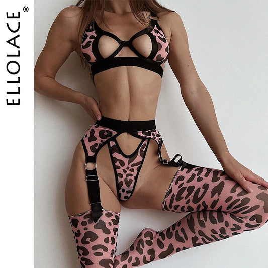 Ellolace Leopard Lingerie With Stocking Cut Out Bra Sensual Brief Sets 4-Piece See Through Lace Fancy Underwear Garter Intimate