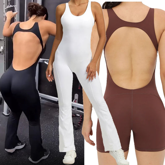 2024 Mini Flare Women Tracksuit Pad Yoga Set One Piece Jumpsuit Workout Legging Rompers Sport Gym Exercise Wear Active Suit