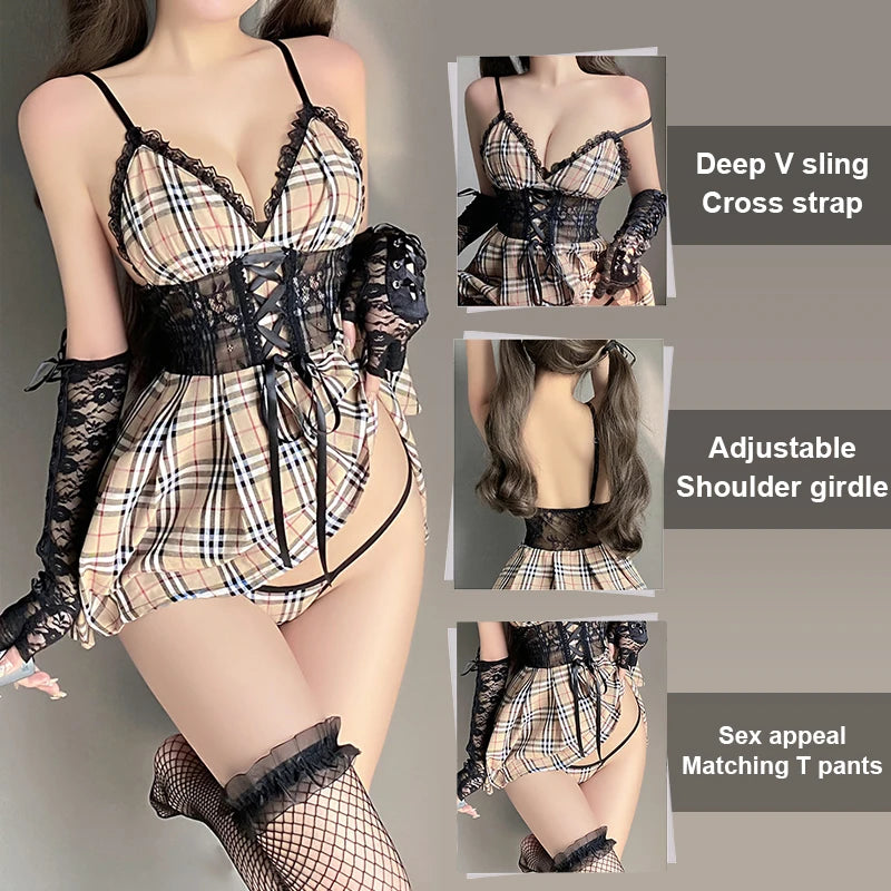 Sex Uniform Cosplay Sexy Lace Lingerie Strap Plaid Skirt Set Student Uniform Temptation Role Play For Women Exotic Costumes Gift