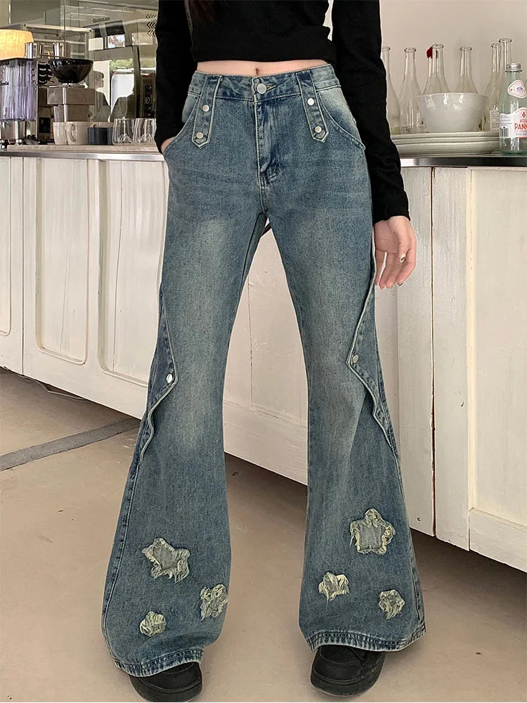 2023 Mode Blauwe Denim Broek Vrouwen Borduurwerk Ster Nieuw Ontwerp Hoge Taille Slanke Bell Bottoms Gyaru Jeans Streetwear Vintage Kpop