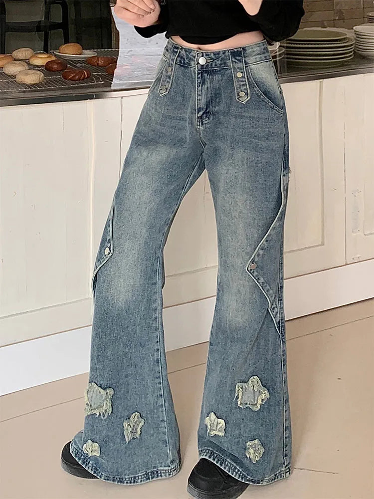 2023 Mode Blauwe Denim Broek Vrouwen Borduurwerk Ster Nieuw Ontwerp Hoge Taille Slanke Bell Bottoms Gyaru Jeans Streetwear Vintage Kpop