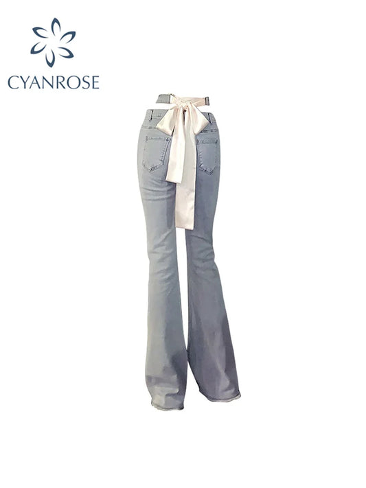 Y2k Blue Flare Jeans E Girl Style Sexy Hollow Out Strechy Bandage Trousers 2022 New Women High Waist Harajuku Floor-Length Pants