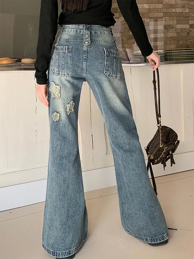 2023 Mode Blauwe Denim Broek Vrouwen Borduurwerk Ster Nieuw Ontwerp Hoge Taille Slanke Bell Bottoms Gyaru Jeans Streetwear Vintage Kpop