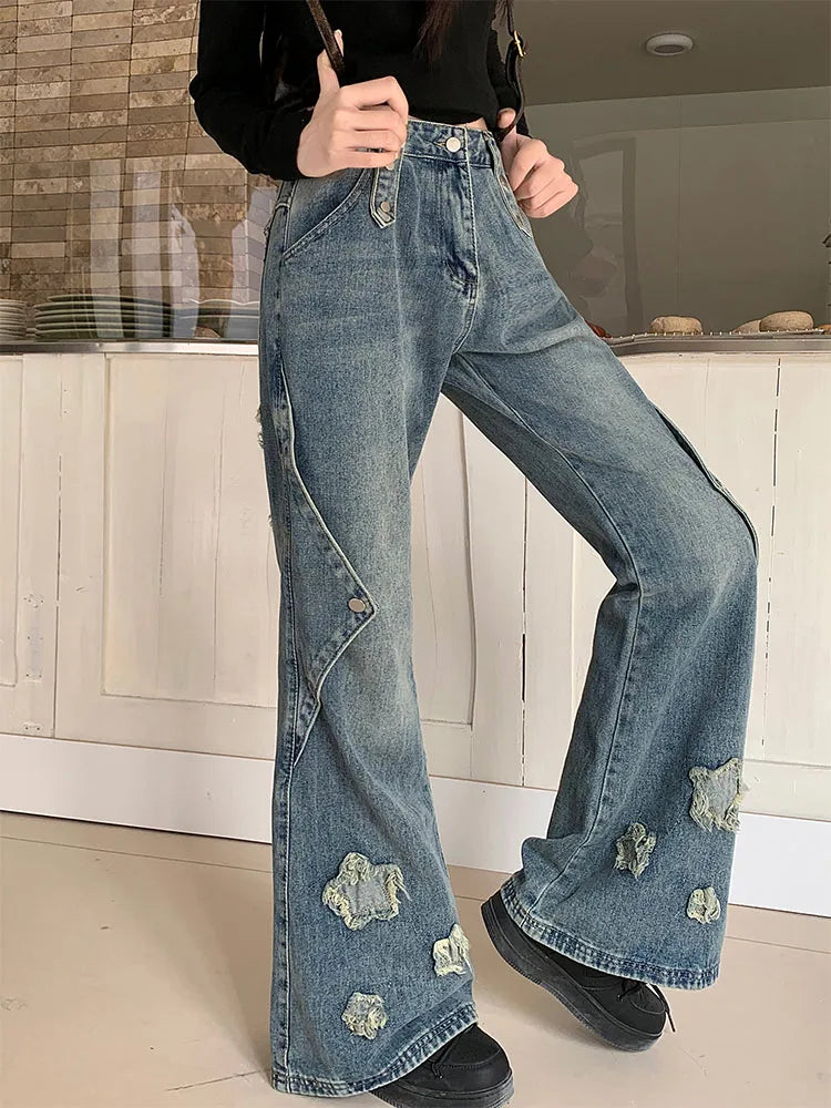 2023 Mode Blauwe Denim Broek Vrouwen Borduurwerk Ster Nieuw Ontwerp Hoge Taille Slanke Bell Bottoms Gyaru Jeans Streetwear Vintage Kpop