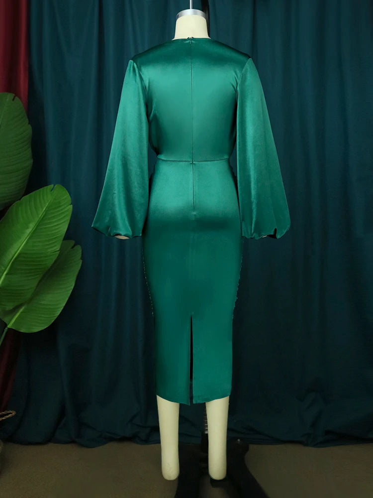 Pleated Green Satin Dresses Long Lantern Sleeve High Waist Soft Midi Evening Birthday Club Party Plus Size Outfits for Women 4XL