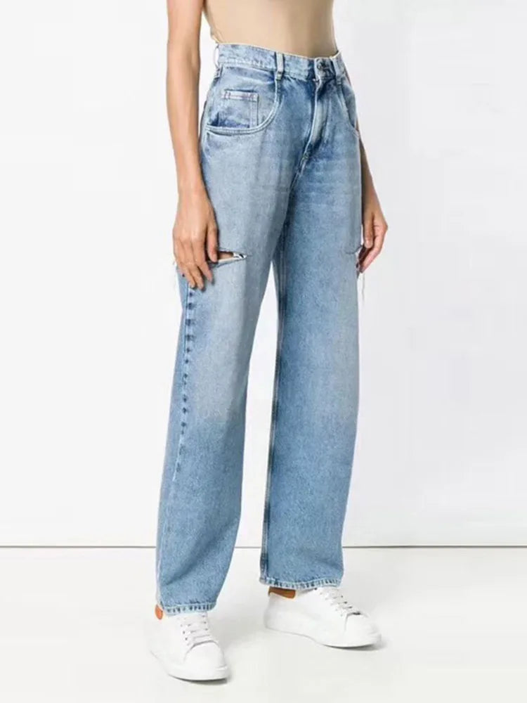 DEAT Fashion Dames Losse Hoge Taille Wijde Pijpen Denim Broek Uitgeholde Blauwe Lange Rechte Jeans Zomer 2024 Nieuwe Mode L2901H