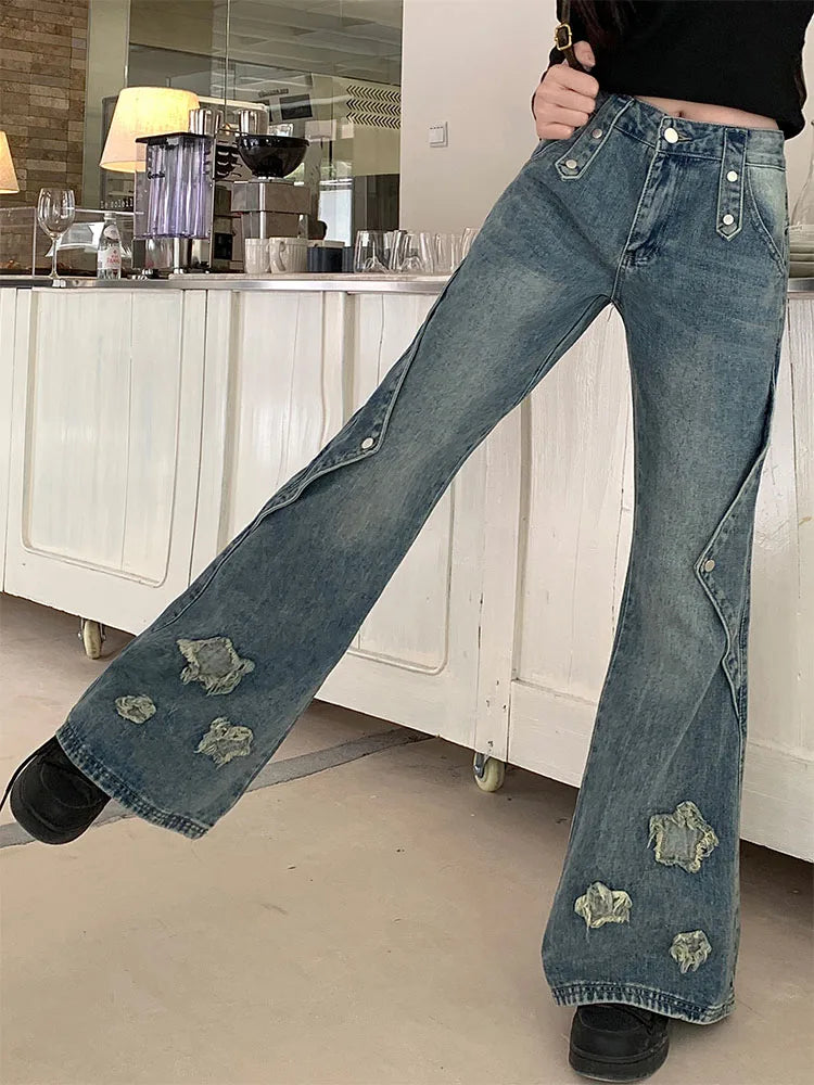 2023 Mode Blauwe Denim Broek Vrouwen Borduurwerk Ster Nieuw Ontwerp Hoge Taille Slanke Bell Bottoms Gyaru Jeans Streetwear Vintage Kpop